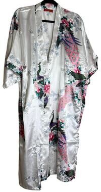 White Peacock Floral Satin Kimono Robe Womens L–XL Est.